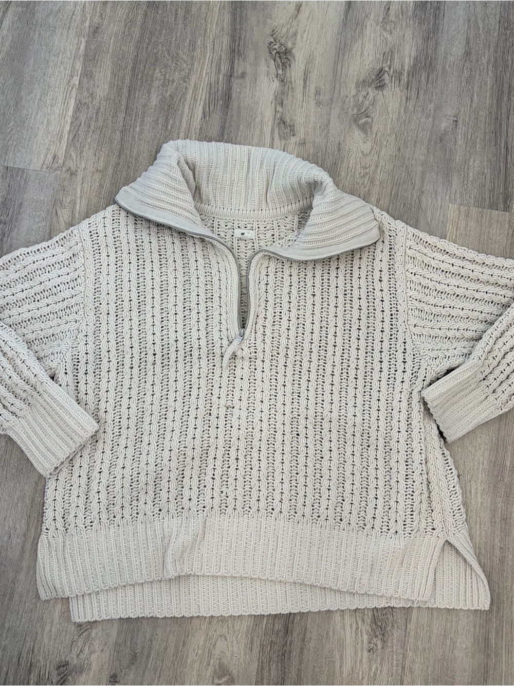 Aerie Cable Car Quarter Zip Chenille Sweater Womens L Ivory Beige Oversized